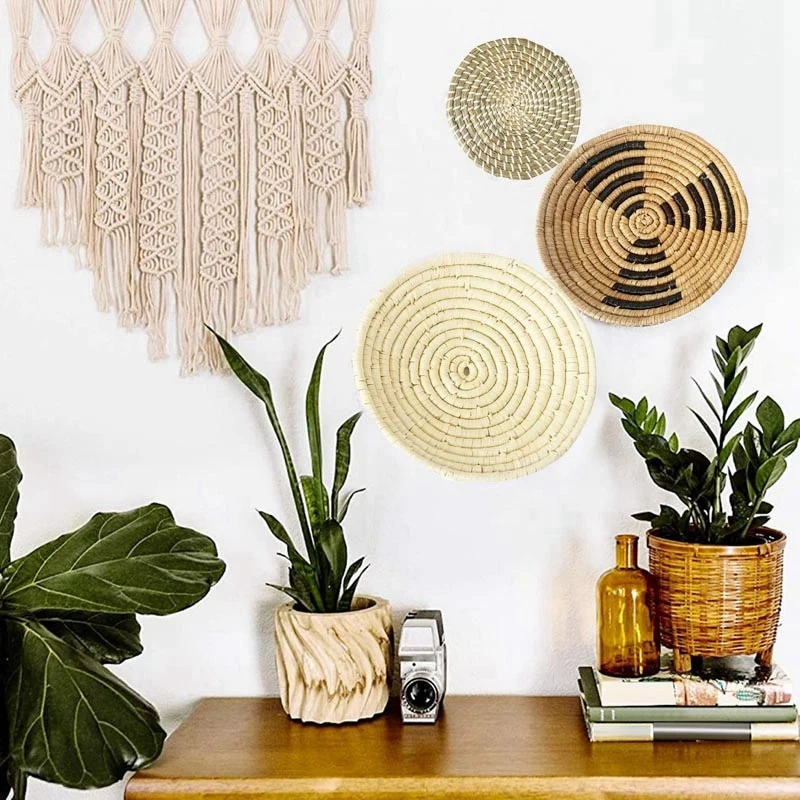 3PCS Handmade Hanging Wall Basket Decor Round Woven Basket For Bedroom Living Room Boho Home Decor Trays 20/30/35Cm