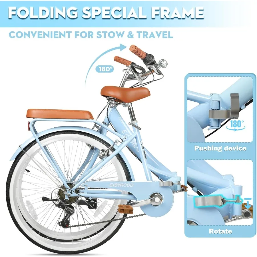 Bicicleta dobrável de praia cruiser de 26 polegadas para mulheres com engrenagens de 7 velocidades, cesta integrada e rack traseiro projetada para uma cidade confortável C