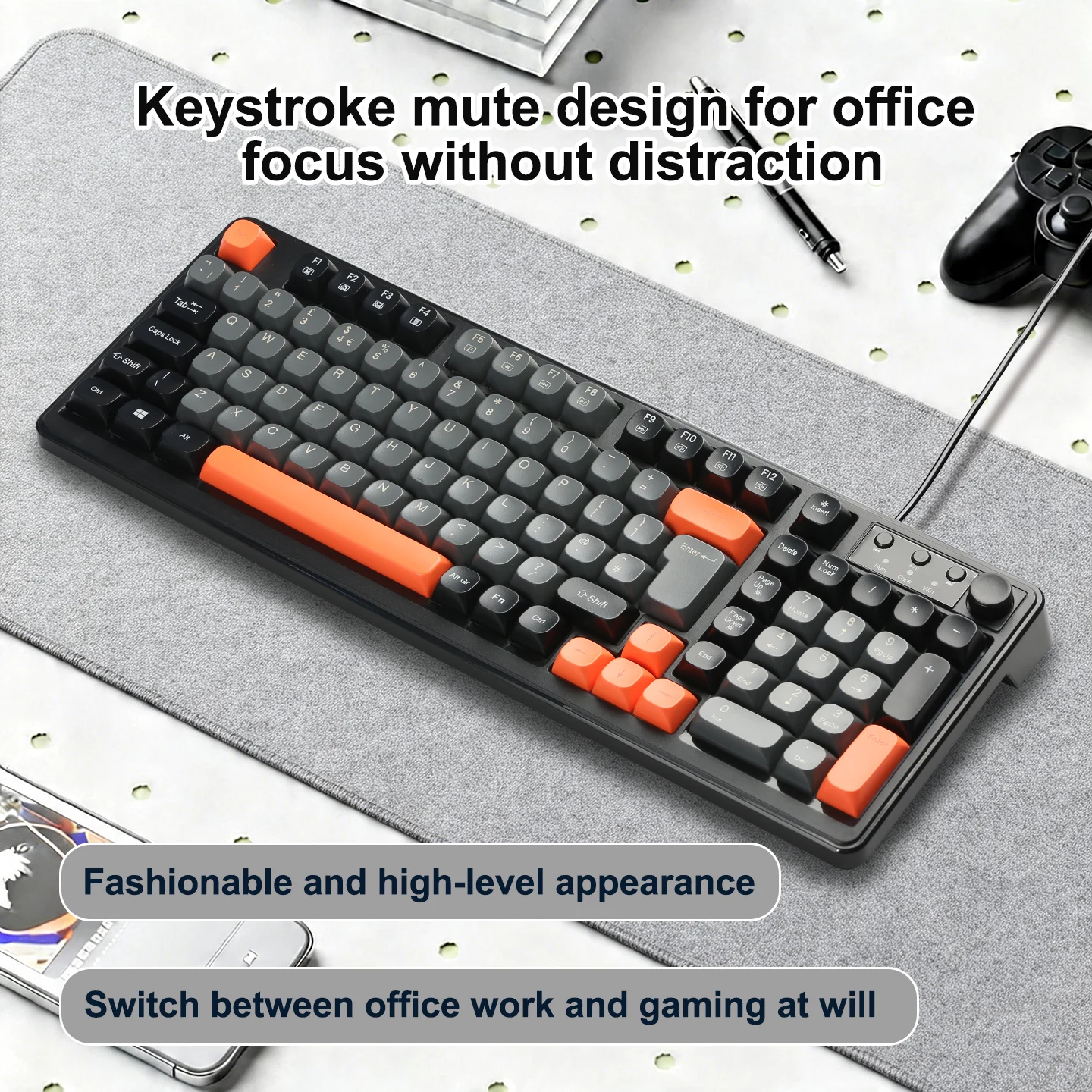 100-Key Wired Keyboard with British Layout Volume & Control Knob, Ergonomic Stepped Curve USB Wired Keyboard for PC/Mac/Laptop