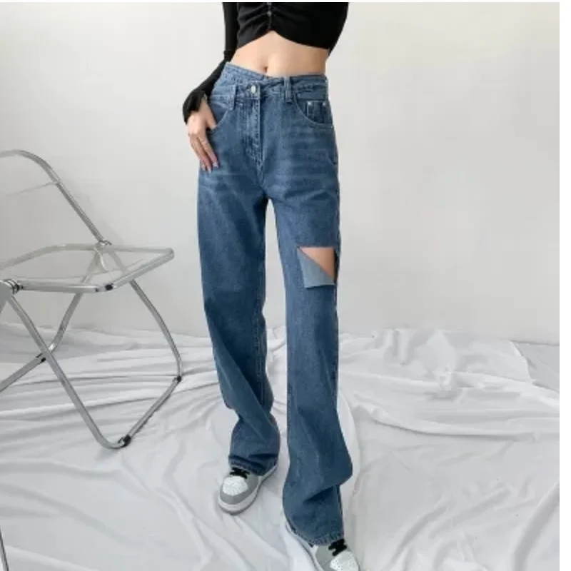 

Blue Plus Size Women's Jeans High Waist Straight Baggy Pants Streetwear Harajuku Vintage Casual Female Wide Leg Denim Trouser