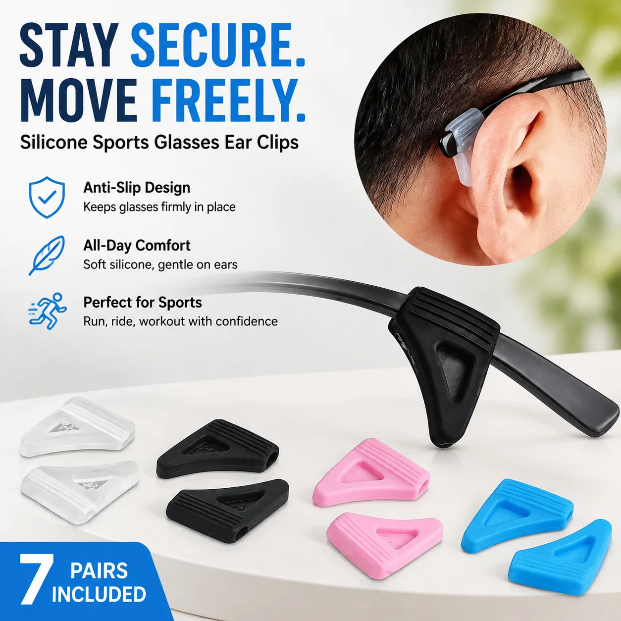 Silicone Sports Glasses Ear Clips, 7 Pairs Anti Slip Temple Tip Sleeves, Comfortable Ear Hooks for Glasses Fixing Bracket