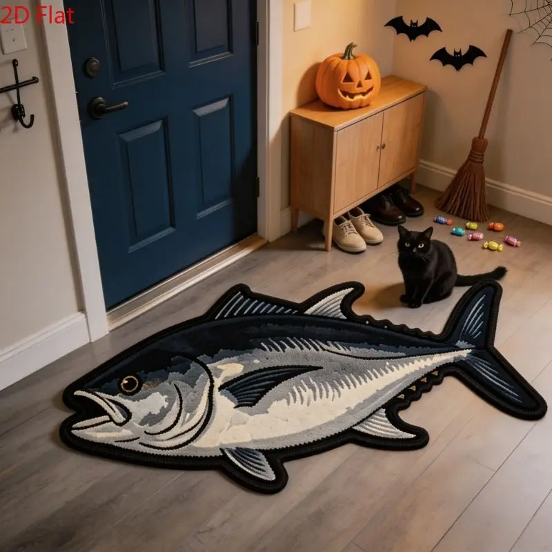 VIKAMA Tuna Fish Rug Novelty Fish Shape Floor Mat Bedroom Bedside Rug Gray Black Carpet Cozy Home Accent Decor