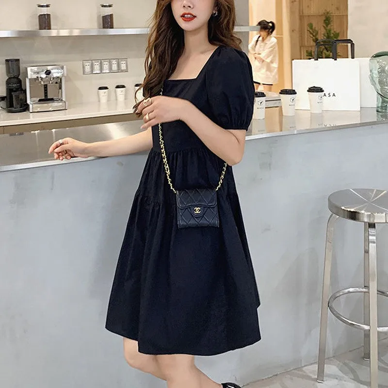 Ele Summer Midi Dr Women's Korean Sle Loose Square Collar Hepburn Sle  Knot Skirt Cotton Bubble Sve A-...