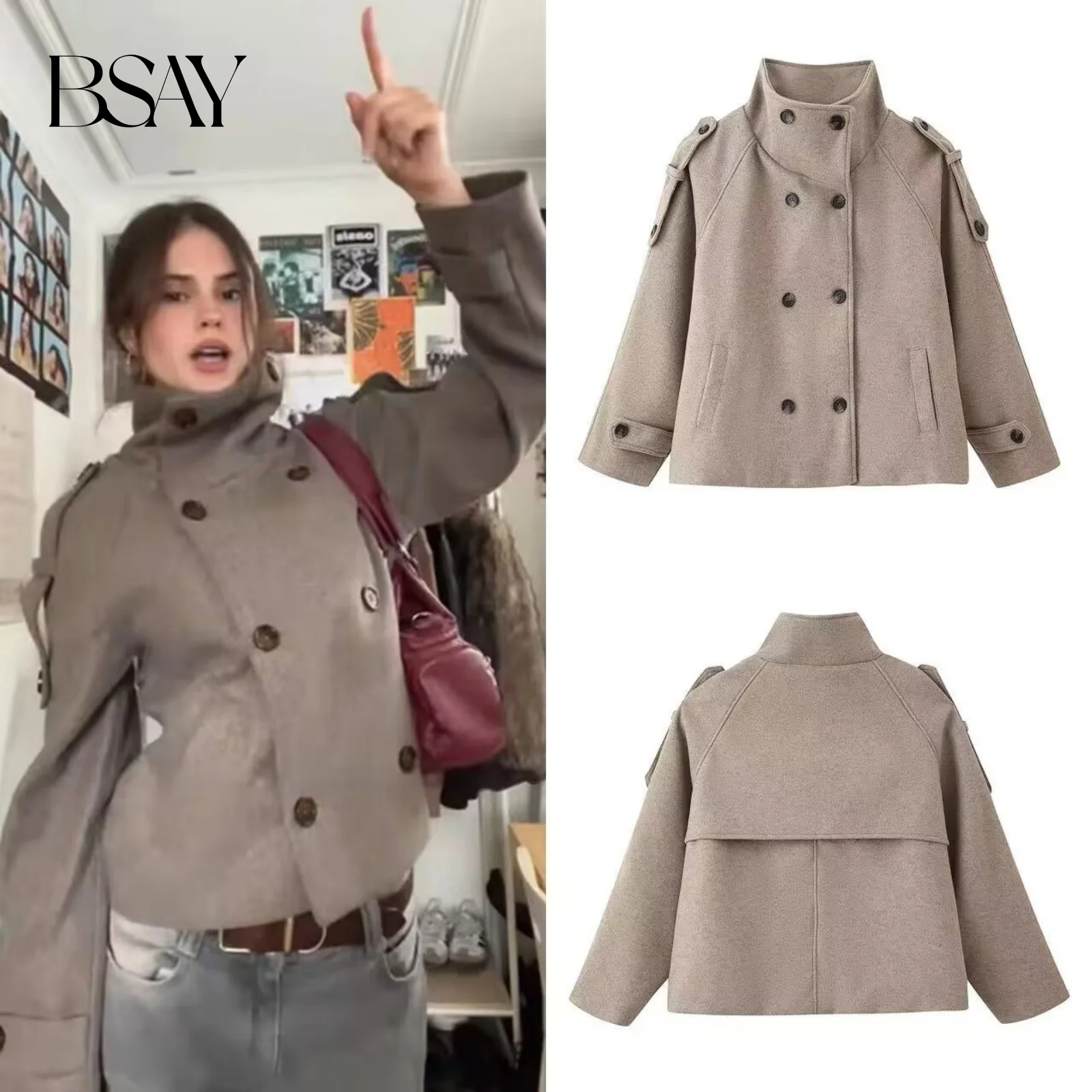

BSAY Woolen Short Jacket for Women Fashion Autumn Winter New Solid Long Sleeved Stand Collar Double Breasted Coats Jacket Mujer