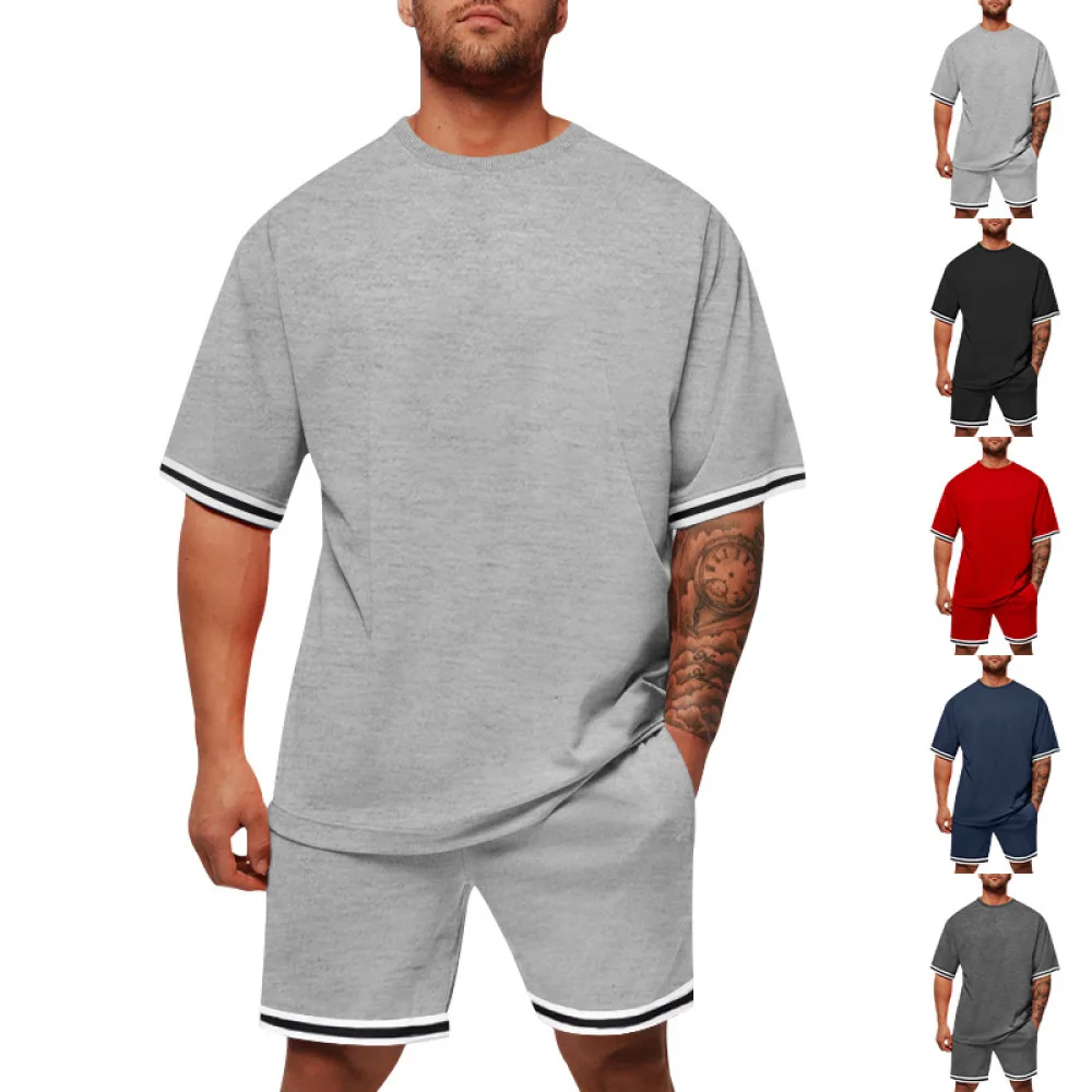 Conjunto de camiseta de manga corta y pantalones cortos para hombre, camiseta de dos piezas, ropa de calle deportiva informal, conjunto de ajuste suelto, gran oferta, Verano