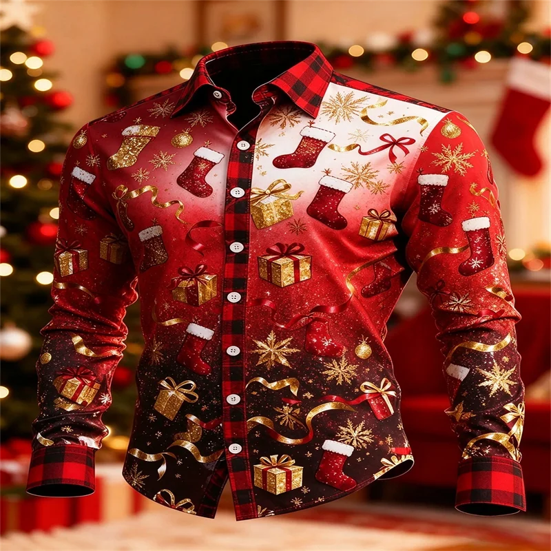 2026 New Men Xmas Long Sleeve Shirt Christmas Stocking Gift Box Print Red Black Plaid Splice Lapel Button Shirt Holiday Party Co