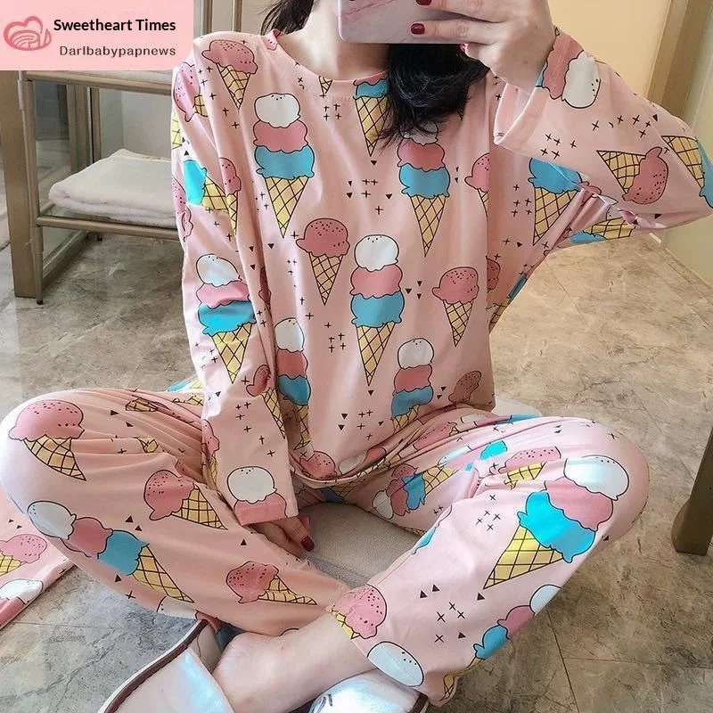Women's Sleepwear and Home Wear Set, Spring and Autumn Long Sleeved Top, Long Pants, Cartoon Loose and Soft Casual Home Wear Set