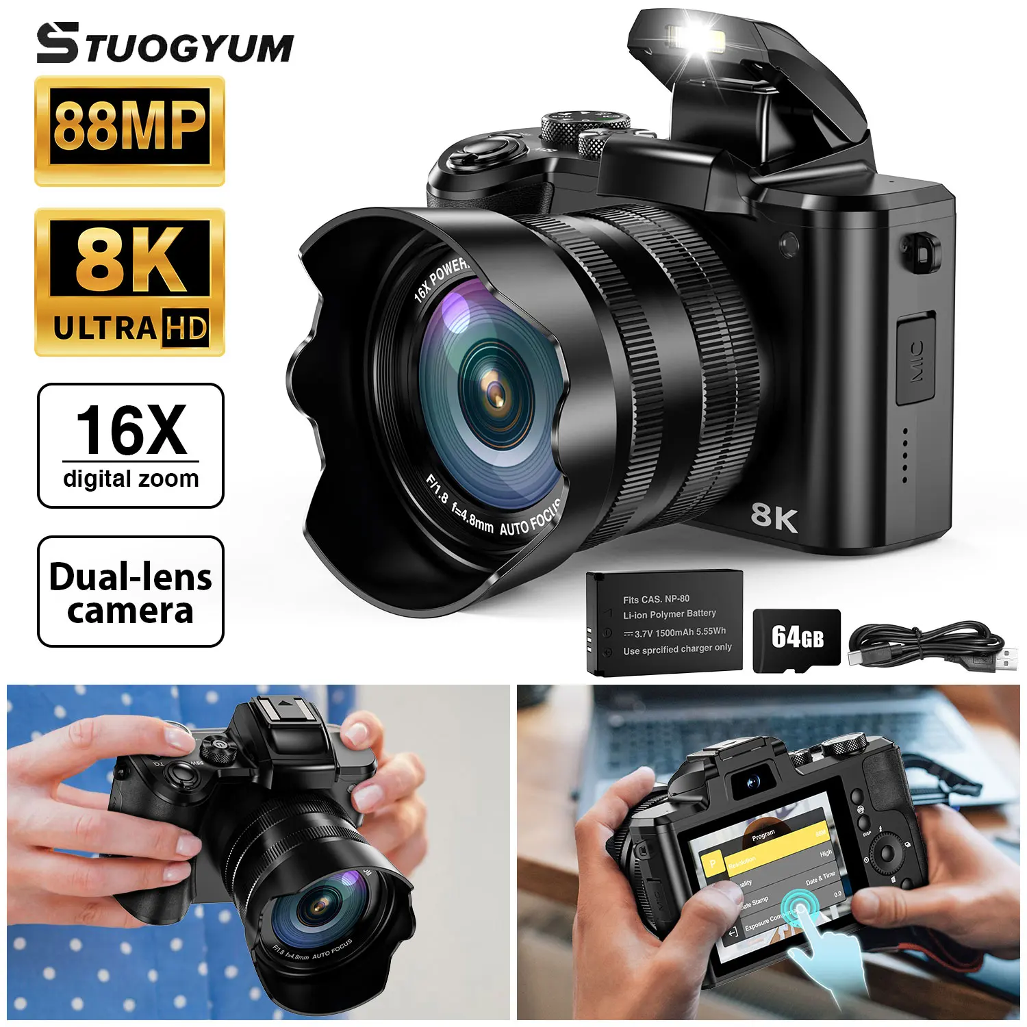 8K Digital Cameras Autofocus 88MP WiFi Profession Camera with Dual-Lens 16X Digital Zoom Photography Camera with Touch Screen.