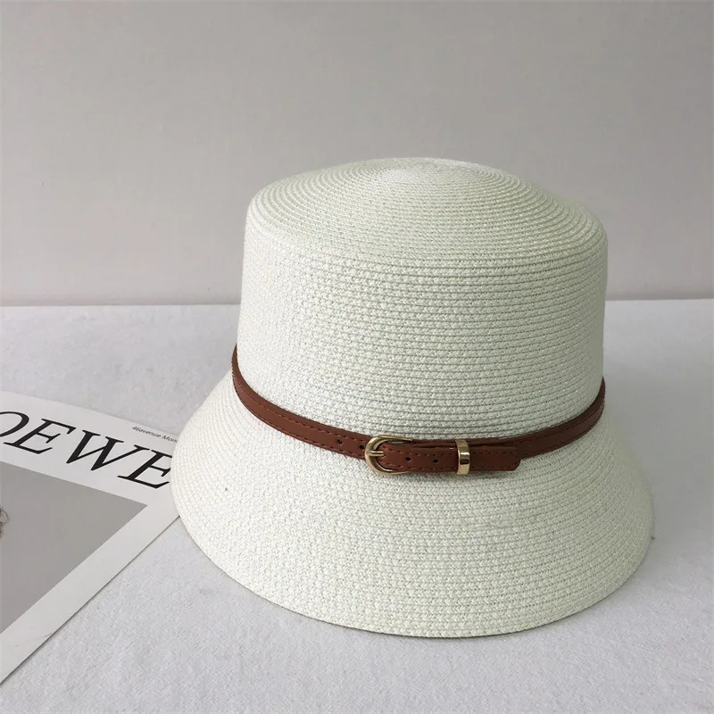 Summer straw woven breathable flat top bucket hat high quality Japanese lady wind belt buckle fashionable shade lamp hood hat