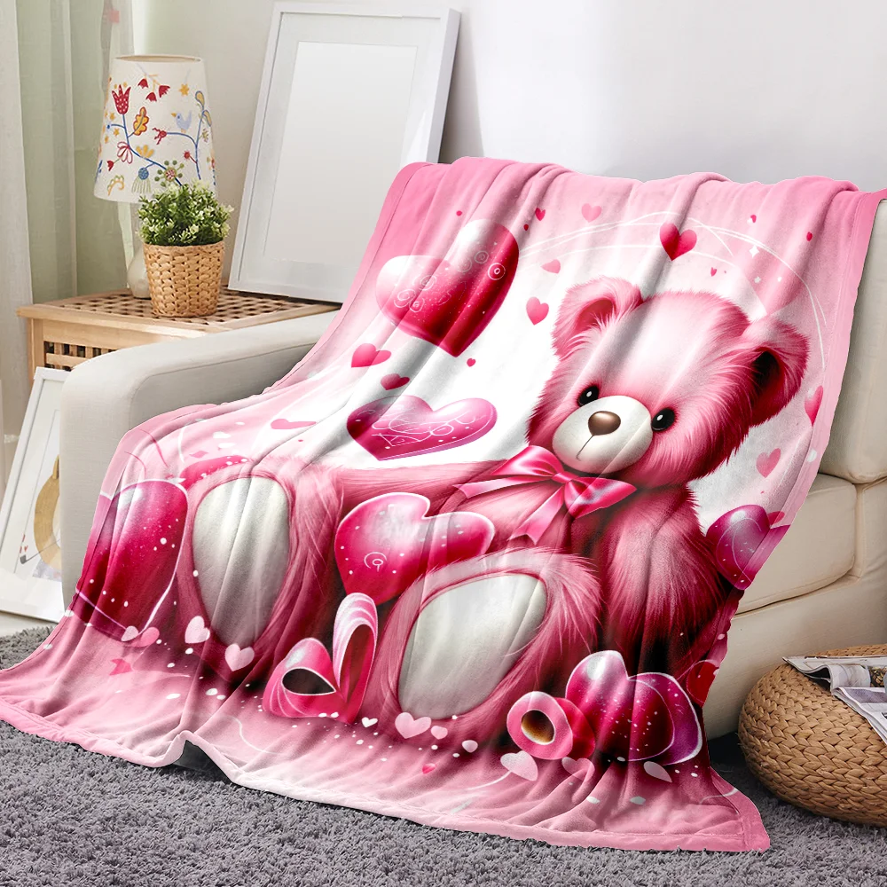 1PC pink teddy bear and heart print blanket-made of soft fluffy flannel, perfect for the sofa or bed. Ideal for comfortable home