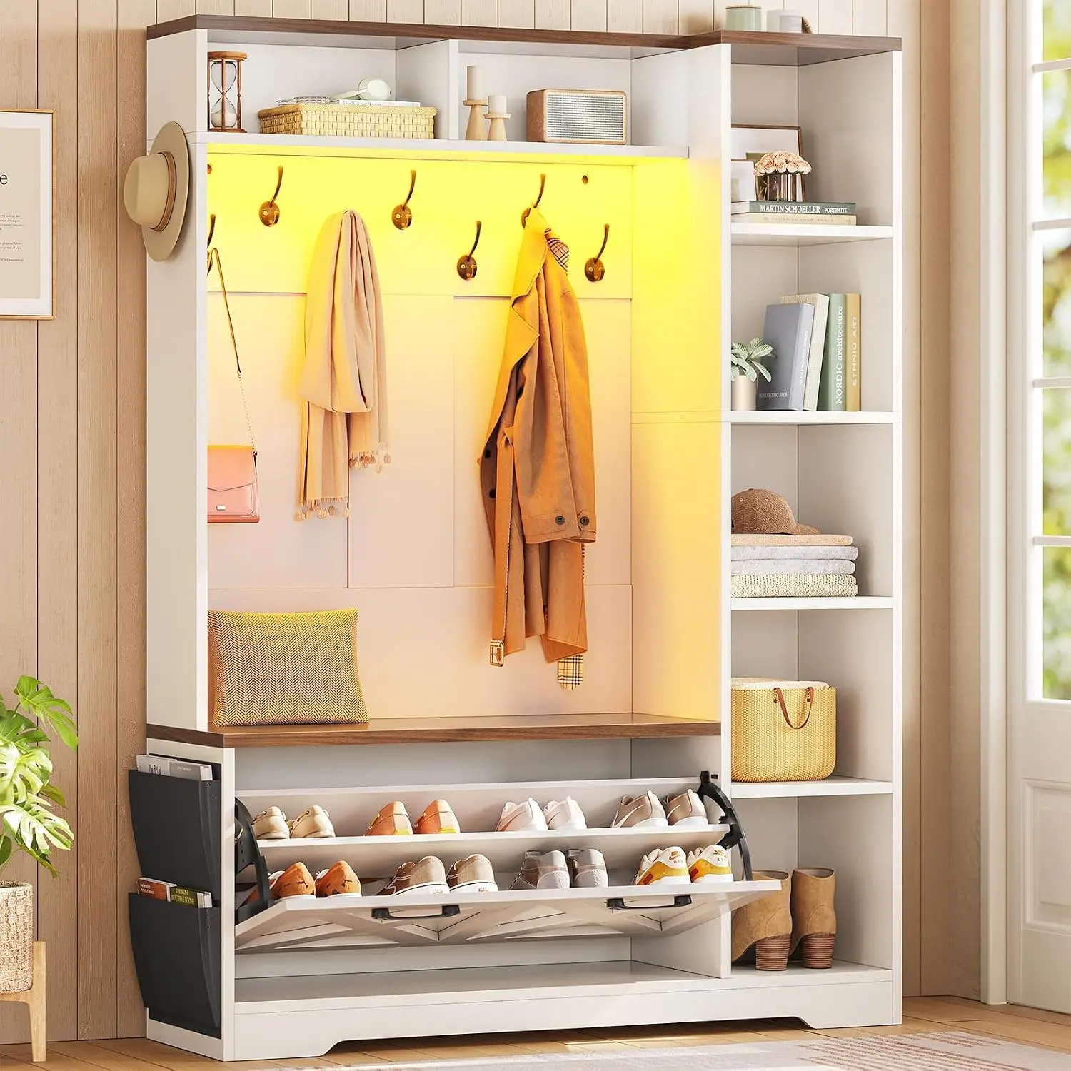 Hall Tree Bench Shoe Storage Entryway Coat Rack Cabinet Flip Drawers 7 Shelves 10 Hooks Led Lights White, Customized