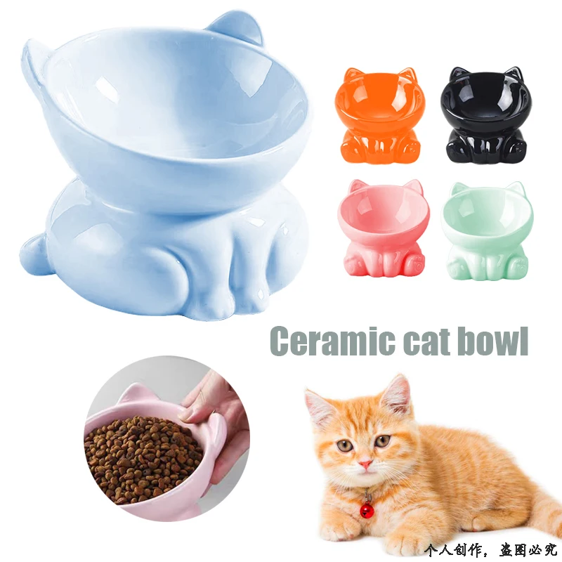 1pcs Cat Ceramic Bowl Raised Pet Drinking Eating Food Cat Drinking Bowl High Foot Protection Cervical Vertebra Cat Drinking