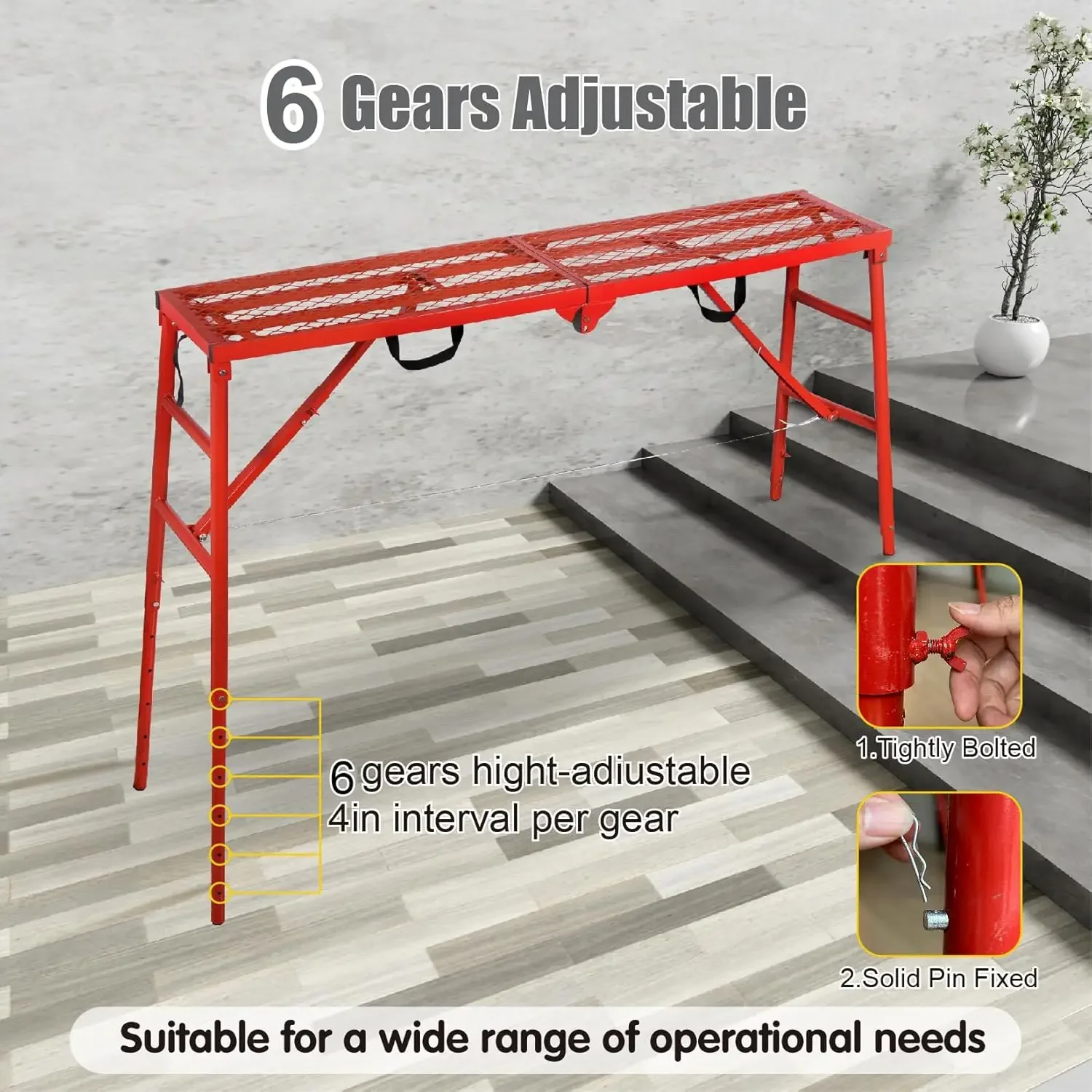 Scaffolding Platform 70(L) x15(W) x33(H)''770 Lbs Capacity Folding Adjustable Portable Work Platform Ladder,Red