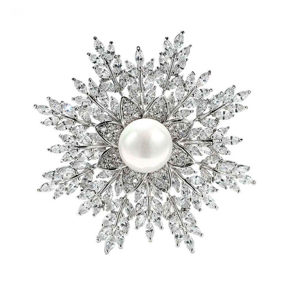 

Snowflake Brooch Zircon Pearl Elegant Accessories for Women Party Wedding Dress Bag Hat Scarf Decor Pin Jewelry Copper