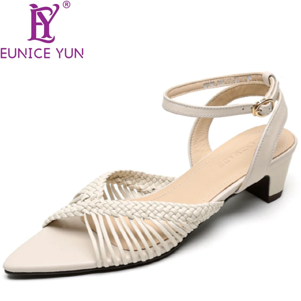 

【EUNICE YUN】Женские плетеные сандалии из натуральной кожи, летняя удобная повседневная обувь на высоком каблуке с босоножками, офисные туфли-лодочки для вечеринок 34-40