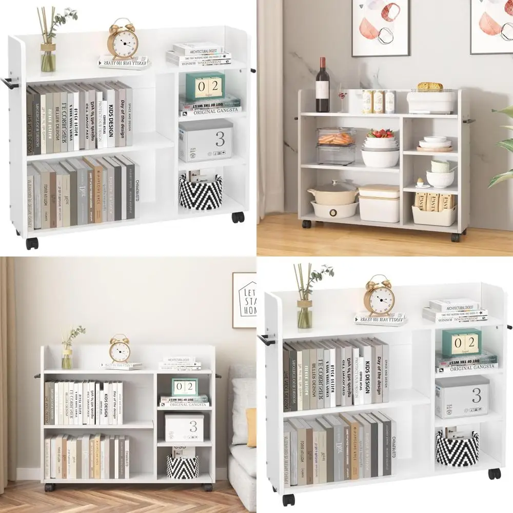 

Adjustable 3-Tier Wooden Bookshelf with Lockable Wheels, 25.6 High, White for Home Office