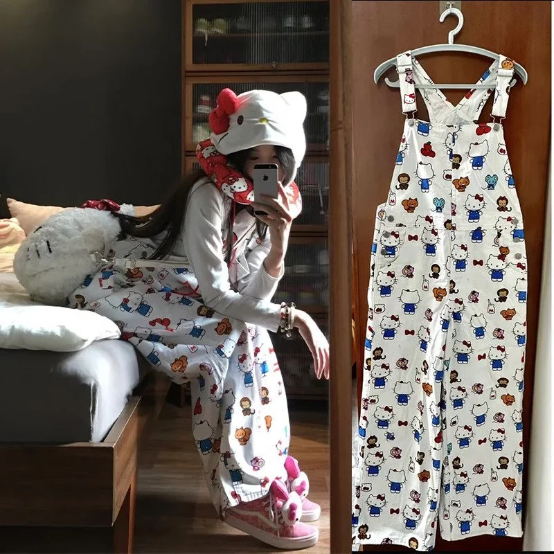 

Sanrio Hello Kitty Women Overalls Anime Cartoon Y2k Adjustable Retro Jumpsuits With Pockets Oversized Buttoned Wide Leg Playsuit