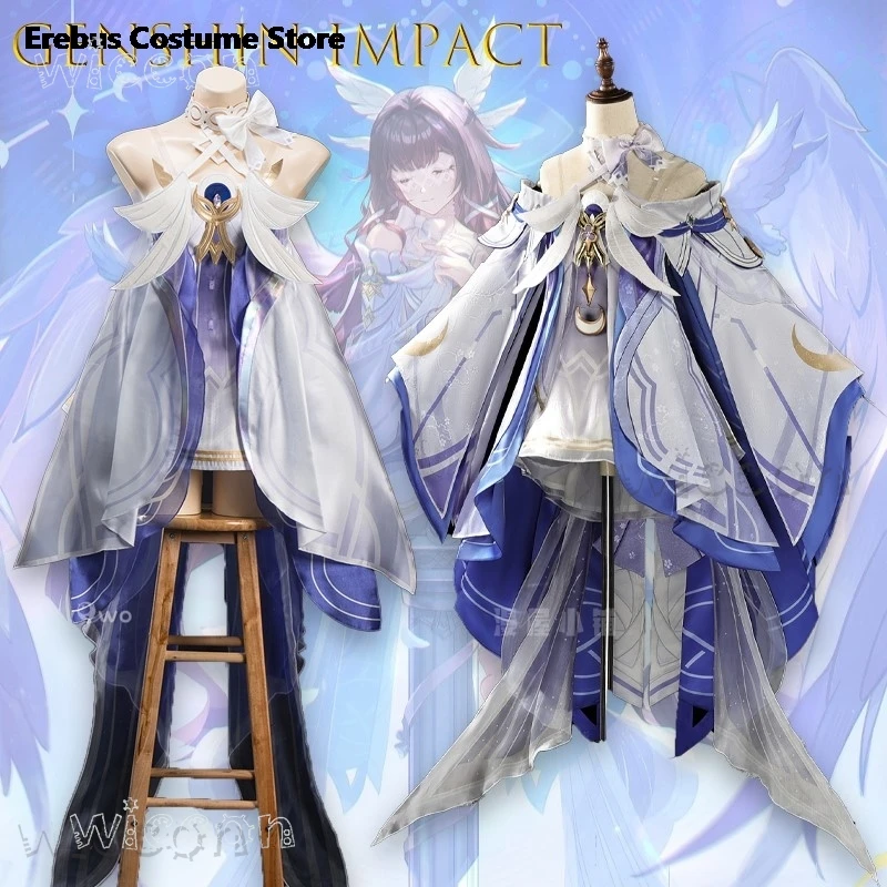 Halloween-Kostüme für Damen, Genshin Impact Columbina, Cosplay-Kostüm, komplettes Set mit Mond, komplettes Set, Uniform, Outfits, Anzug für Erwachsene