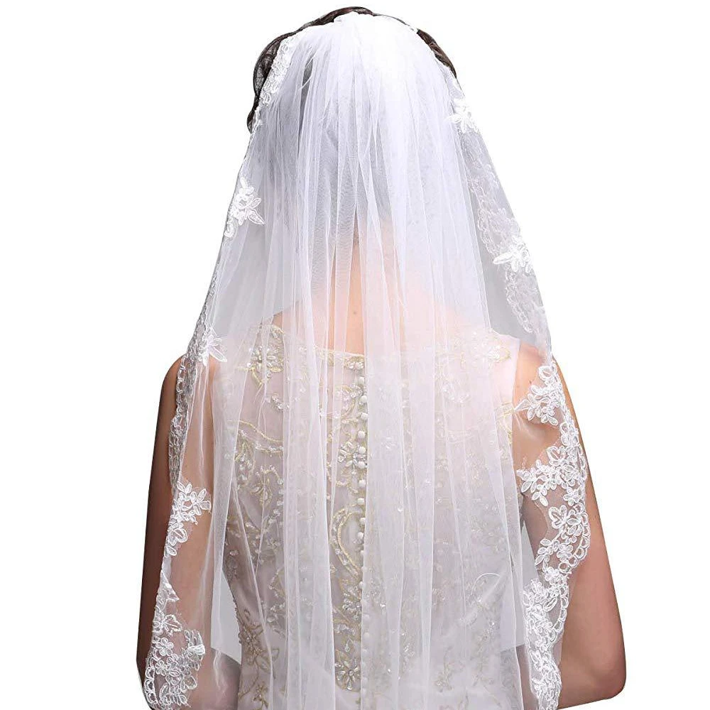 Único-camada explosiva véu de renda branco noiva véu de casamento com pente elegante temperamento acessórios de cabelo nupcial borda do laço