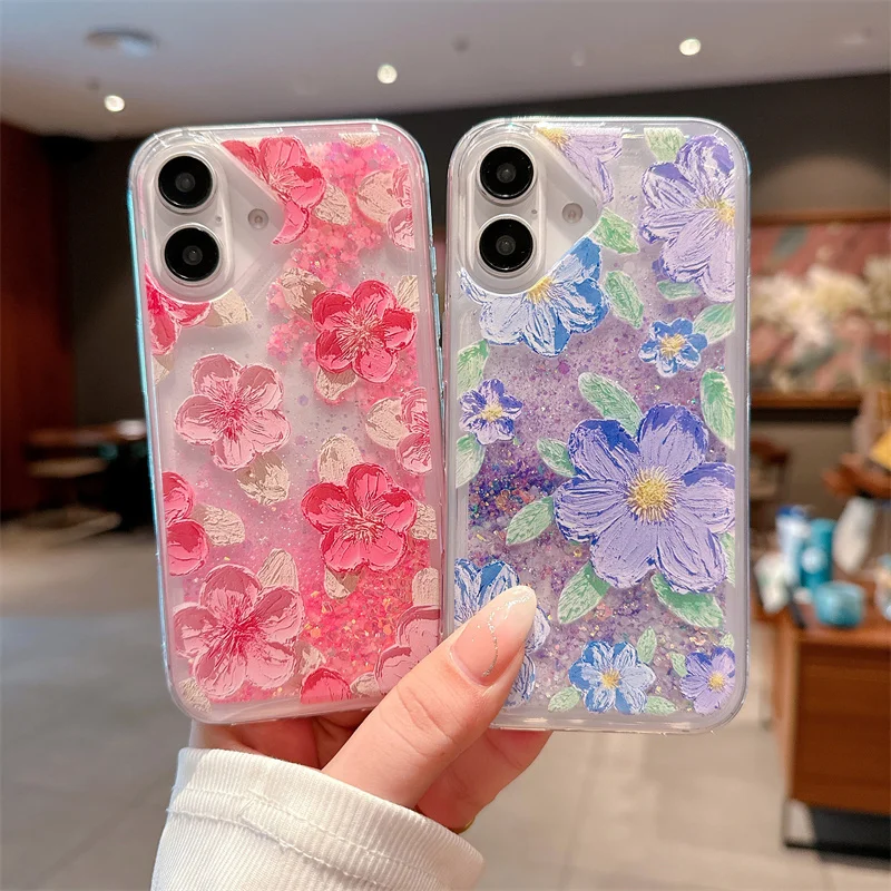 New Quick sand flowers style Pc non-slip phone case for Iphone16 16pro 16promax 15 15pro 15promax 14 14pro 14promax 13 13pro