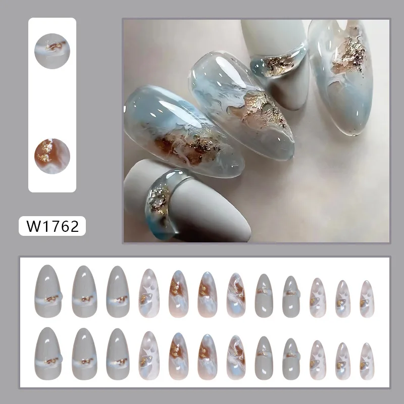 Elegant Oceaan Thema Helder Blauw Gradiënt Nageltip Decoratie Goud Glitter Versiering 24 stks Stereo Nageldecoratie