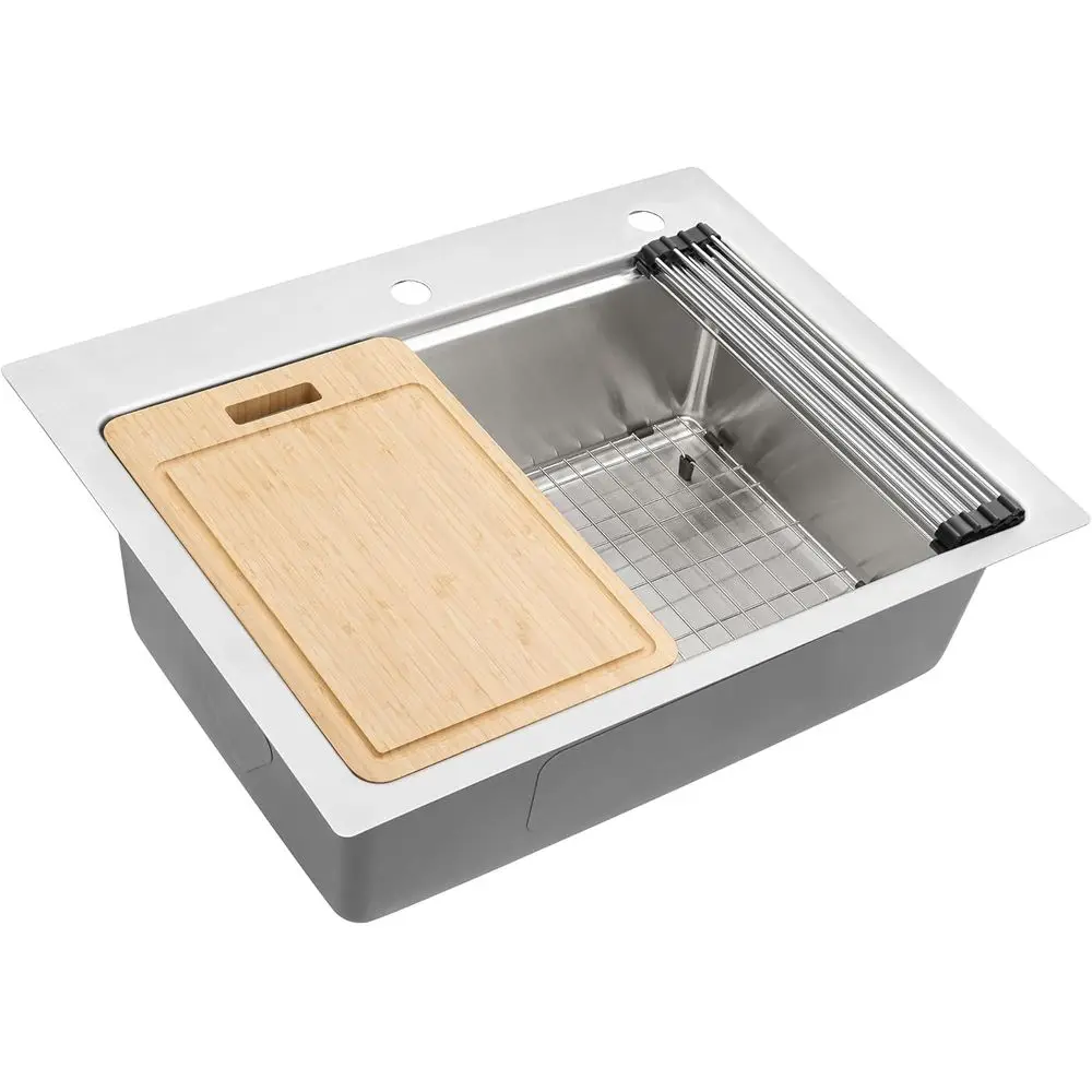 

28 inch Rounded Corners Drop-in Workstation Kitchen Sink - Soundproof 16 Gauge Topmount Stainless Steel Single Bowl Kitchen Sink