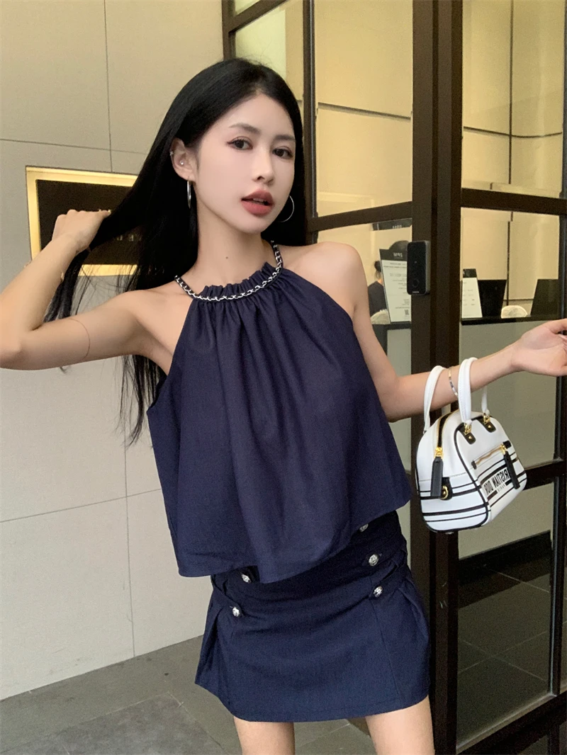 2024 Summer New Korean Dongdaemun Retro Sexy Sweetheart Halter Denim Shirt Blouse Blouse Woman