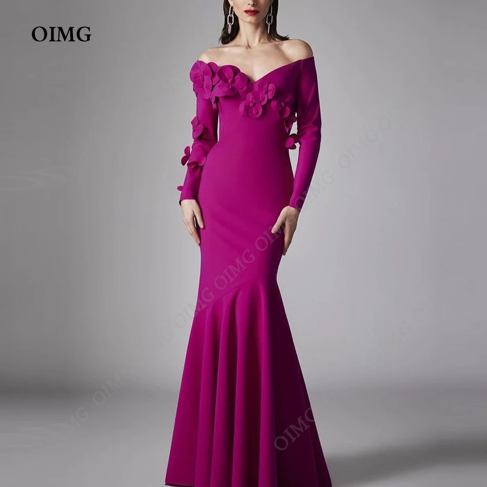 OIMG Fuschai Long Mermaid Charming Prom Dress 3D Flowers Formal Gown Full Sleeves Evening Gown with High Slit vestidos de noche