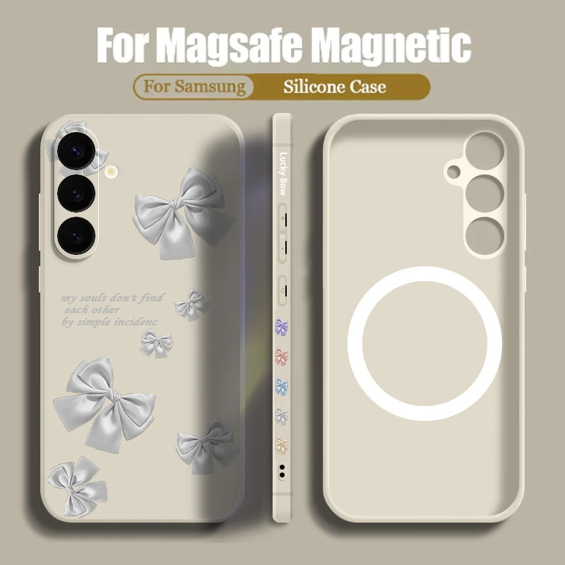 Magnetic Cute Bow Print Case For Samsung Galaxy S24 S21 FE S25 S24 S23 S22 Ultra Plus For Magsafe Wireless Charge Lanyard Cover