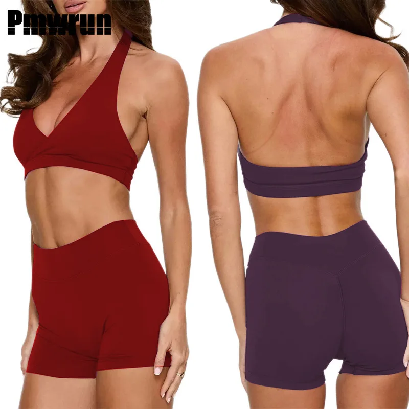

Женский комплект для йоги PMWRUN из 2 предметов: топ-халтер с перекрученным передом и леггинсы-шорты с высокой талией, мягкие, эластичные, для спортзала, йоги, пилатеса