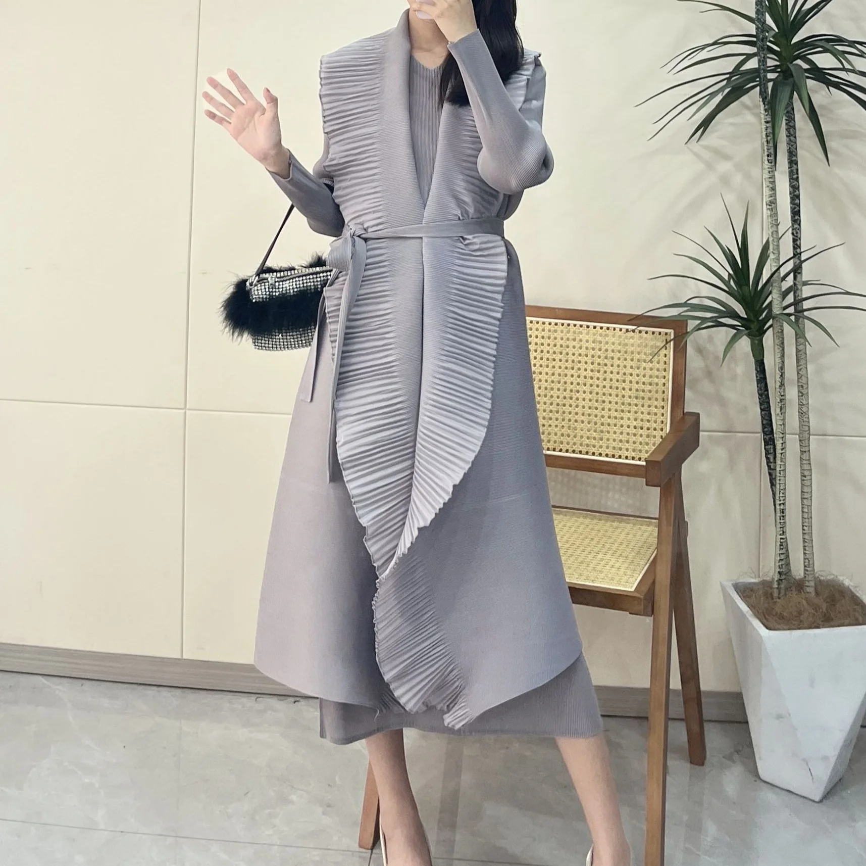 2024 New Miyake Fold Cardigan Ruffled Edge Explosion Elegant Dress Female Solid Color Long Dress Unique Belt Coat Women Cardigan