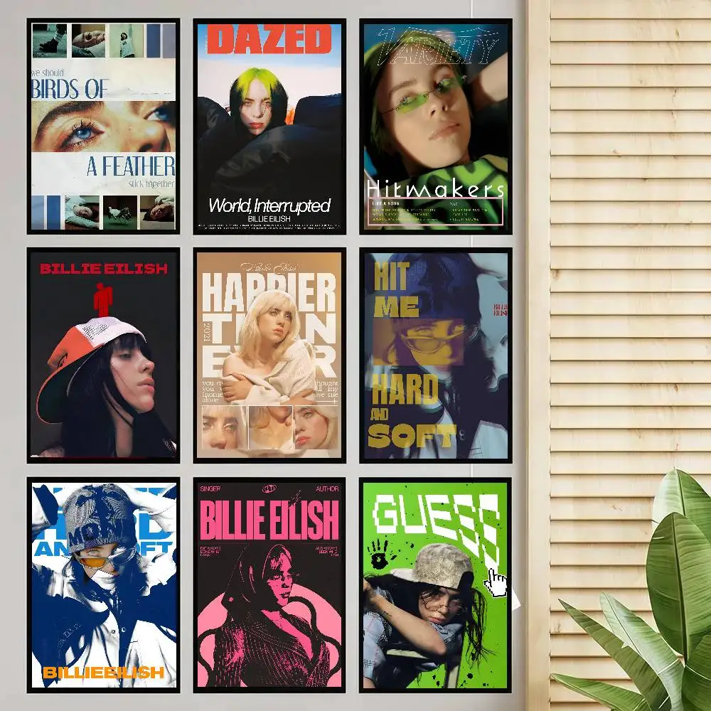 Popular Singer B-Billie E-Eilish Music Album Poster Self-adhesive Art Room Entrance Restaurant Wall Decor Art Painting