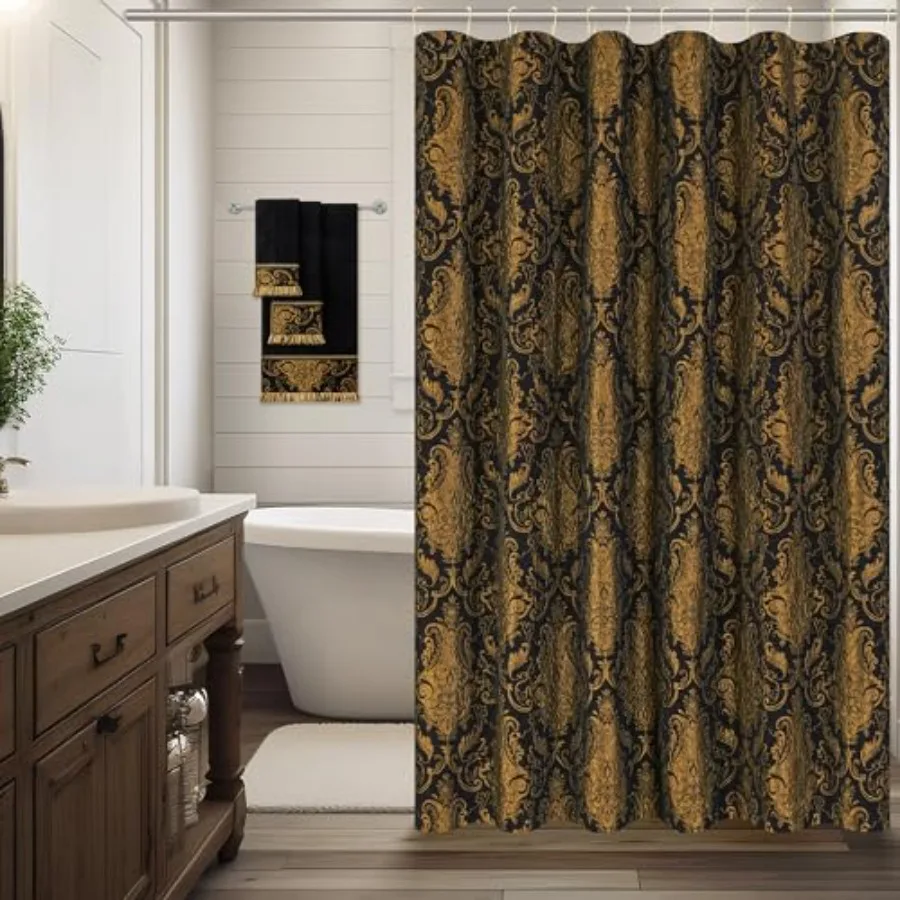 

Textured Fabric Shower Curtain Set With 12 Metal Hooks, Black Damask Bathroom Shower Curtain Sets Classic Medallion Design, Wat