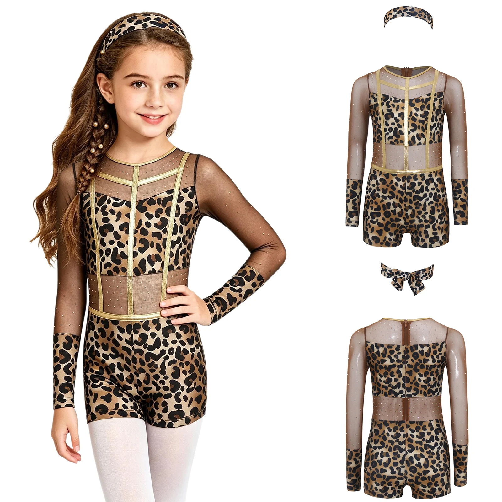 Kinder Mädchen Strass Leopardenmuster Jumpsuit für Ballett, Halloween Höhlenmenschen-Kostüm, Reißverschluss Metallic-Besatz Bodysuit – Detail 9