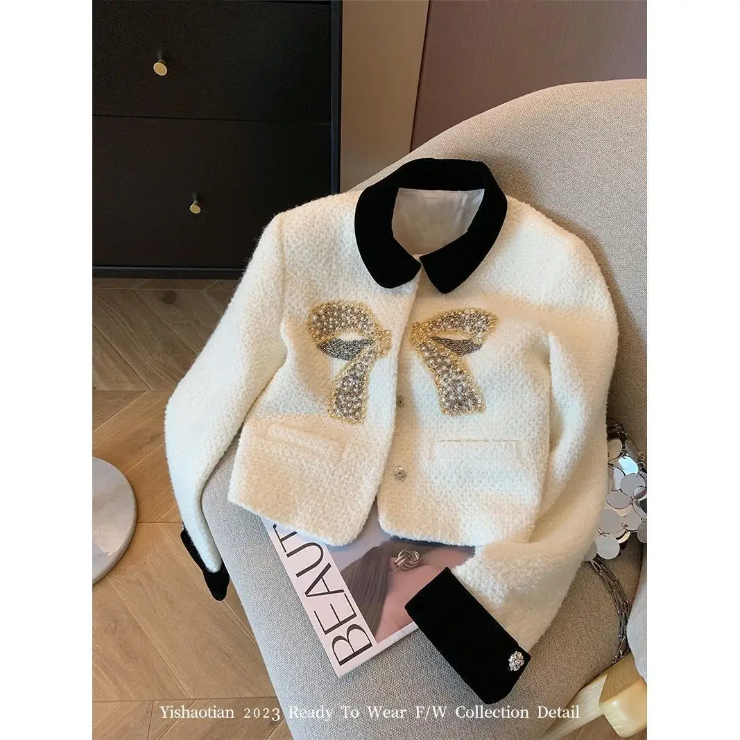 High Quality Diamonds Beading Woolen Tweed Jackets for Women French Elegant Short Coat Sweet Girls Fashion Fried Street Outwear