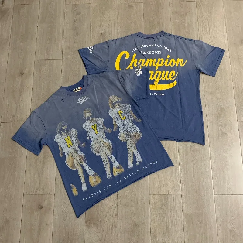 Rough Washed Blue T-Shirt Men Women Pure Cotton American Vintage Oversized Shirts