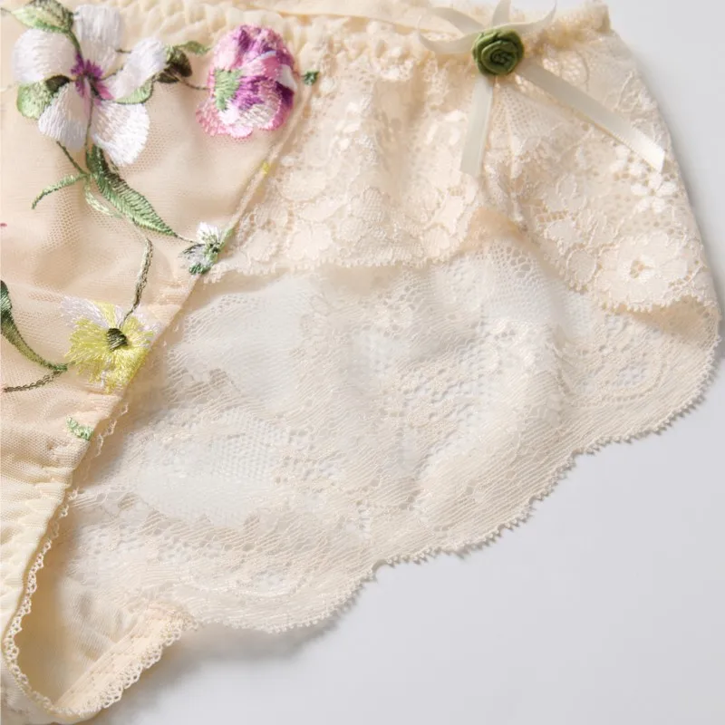Lace See Through Women Sexy Lingerie Low Waiste Flower Embroidery Bow Sissy Briefs Comfortable Breathable Daily Wear Panties view 2