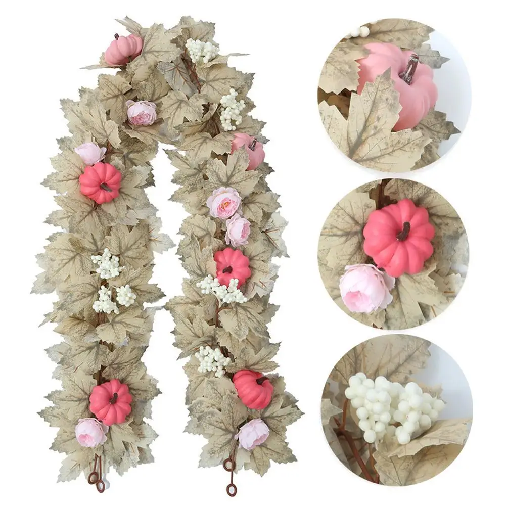 5.7ft Fall Maple Leaves Garland, Hanging Artificial Autumn Garland With Maples Leaf Pumpkins Flowers Clusters Of Berries