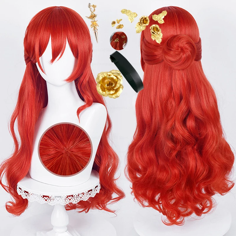 Himeko Cosplay Wig Honkai Star Rail Cosplay Red Curved Wave Heat Resistant Synthetic Hair Game Anime Cosplay Wigs + Wig Cap