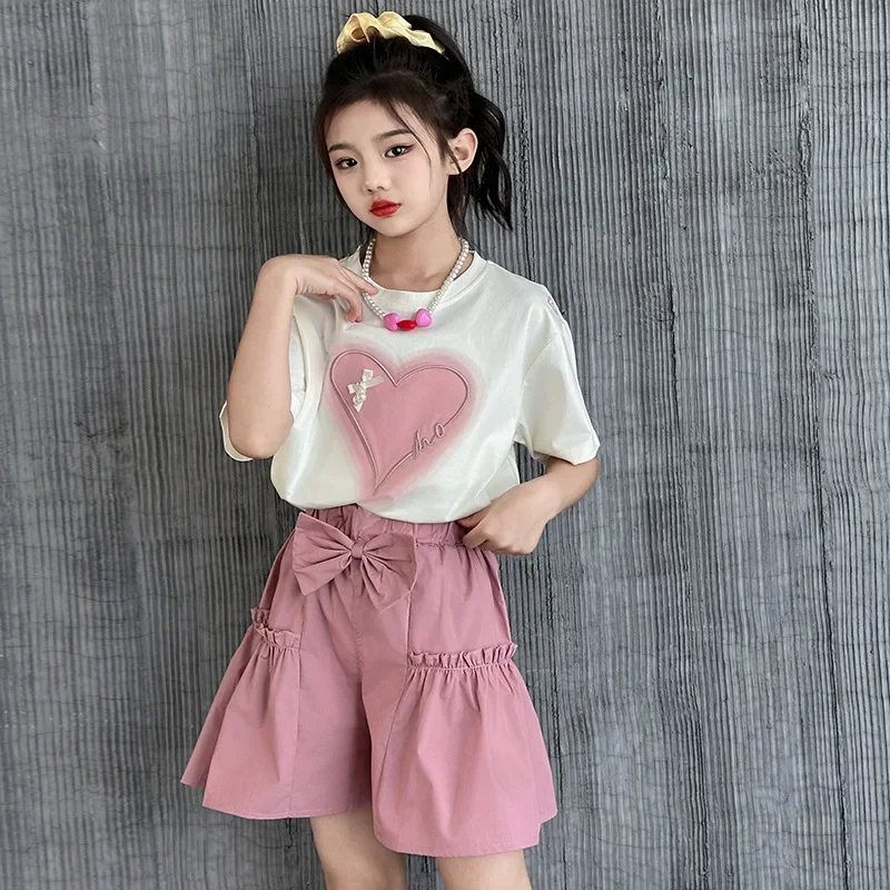 Girls Clothing Sets New Summer Sweet Short Sleeve Tops + Shorts 2Pcs Kids Outfits 6 8 10 12 14 Years Children Clothes Tracksuit
