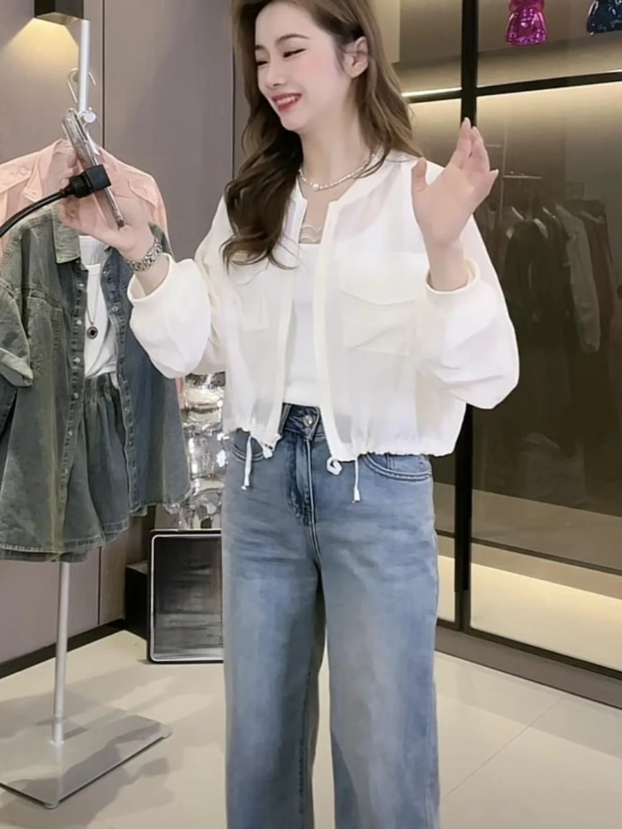 Summer 2025 Women's Drawstring Waist Short Loose Sun Protection Jacket Thin Versatile Top Small Size All-Match Outerwear