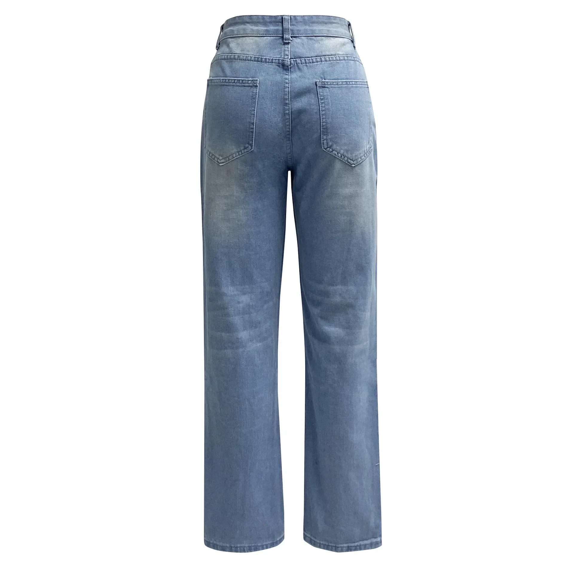 女性デニム穴デニムパンツハイウエストジーンズ足首までの長さのストレートパンツポケット固体わずかなストレッチ春 2025 ハイストリート