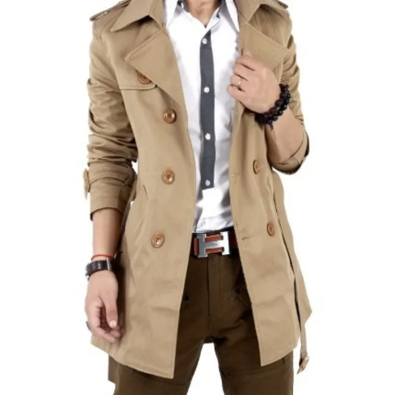 

Men's Trench Coat Slim fit Double Breasted Belted Windbreaker Lapel Long Pea Coat Jacket Casual Windproof Khaki Black Overcoat