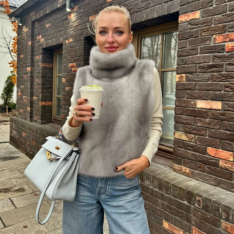 Women Winter Feather High Neck Vest Elegant Solid Color Warm Fur Plush Comfortable Pullover Vest Jacket Casual Party Coat Top