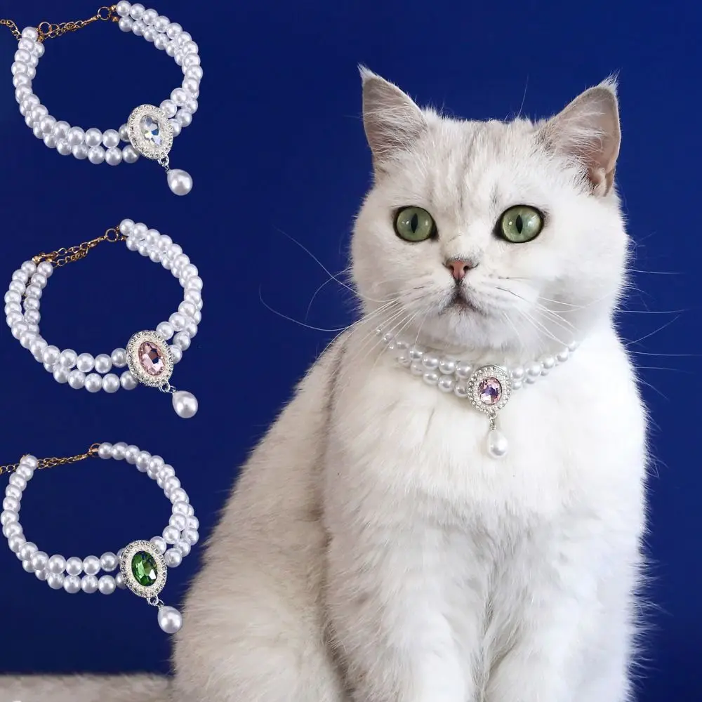 

Double Layer Pearl Pet Necklace Sweet Adjustable Cat Neck Chain Flower Pendant Dog Princess Necklace Photograph