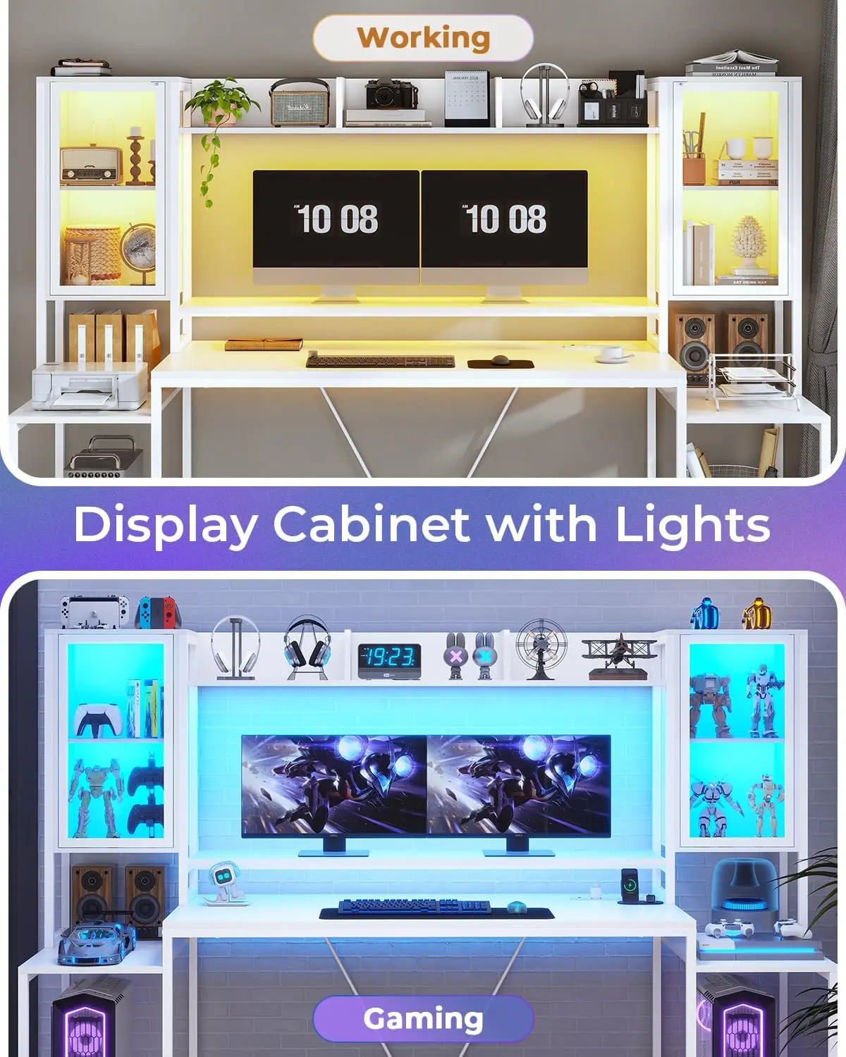 مكتب ألعاب 74.8 بوصة مع أضواء LED، وأرفف تخزين، ومكتب كمبيوتر مع حامل شاشة #5