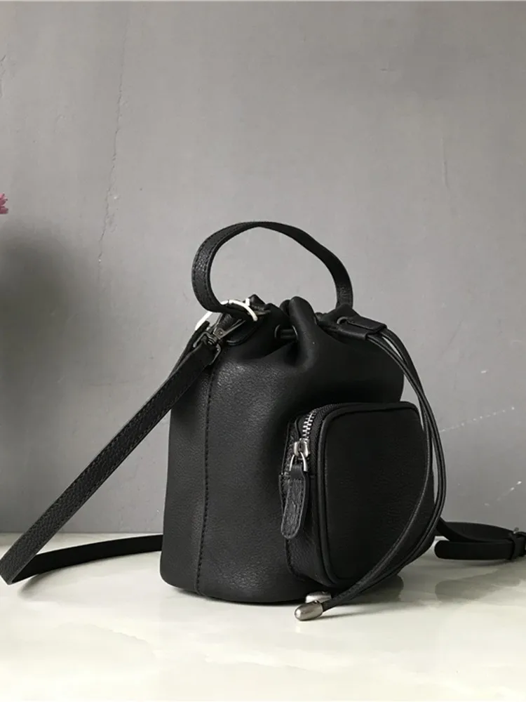 Women Casual String Bucket Bag Cowhide Genuine Leather Shoulder Bag Teenager Girls New Handbag Small Totes Strap Crossbody Bag