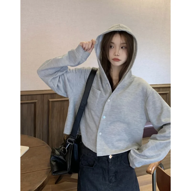 

Grey Women Sweatshirt Coat Solid Vintage Long Sleeve Korean Fashion Casual Y2K Style 2023 NEW Autumn Female Purple Short Tops