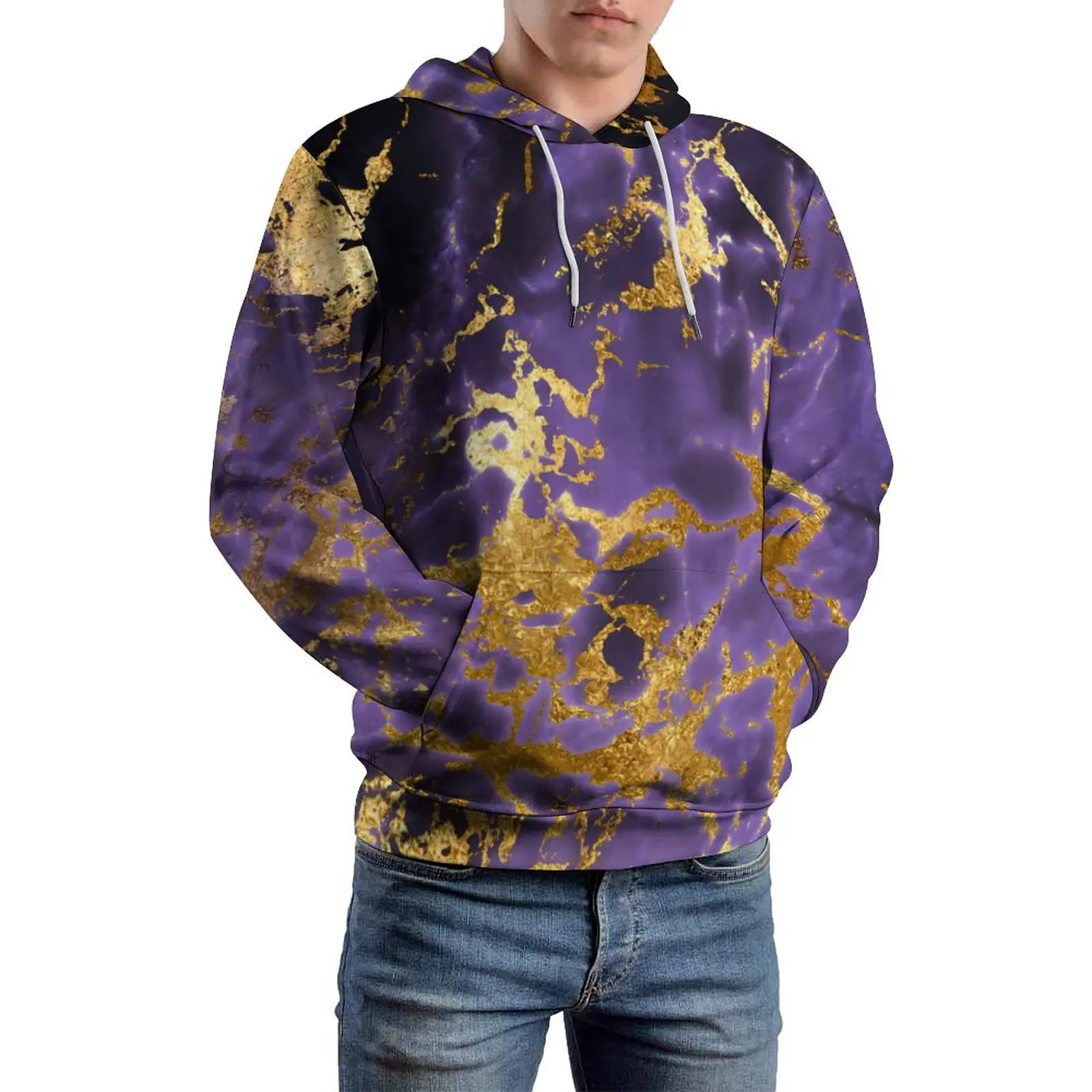 Marble Stone Casual Hoodies Men Purple Gold Harajuku Design Hooded Sweatshirts Winter Long-Sleeve Street Fashion Oversize Hoodie