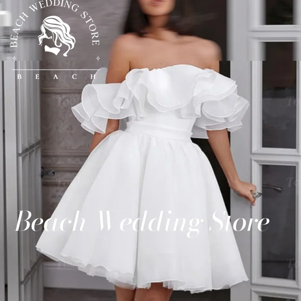 

Beach Customized A Line Organza Short Wedding Dresses Tiered Straps Off Shoulder Women Bride Dresses Formal Party Bridal Gowns